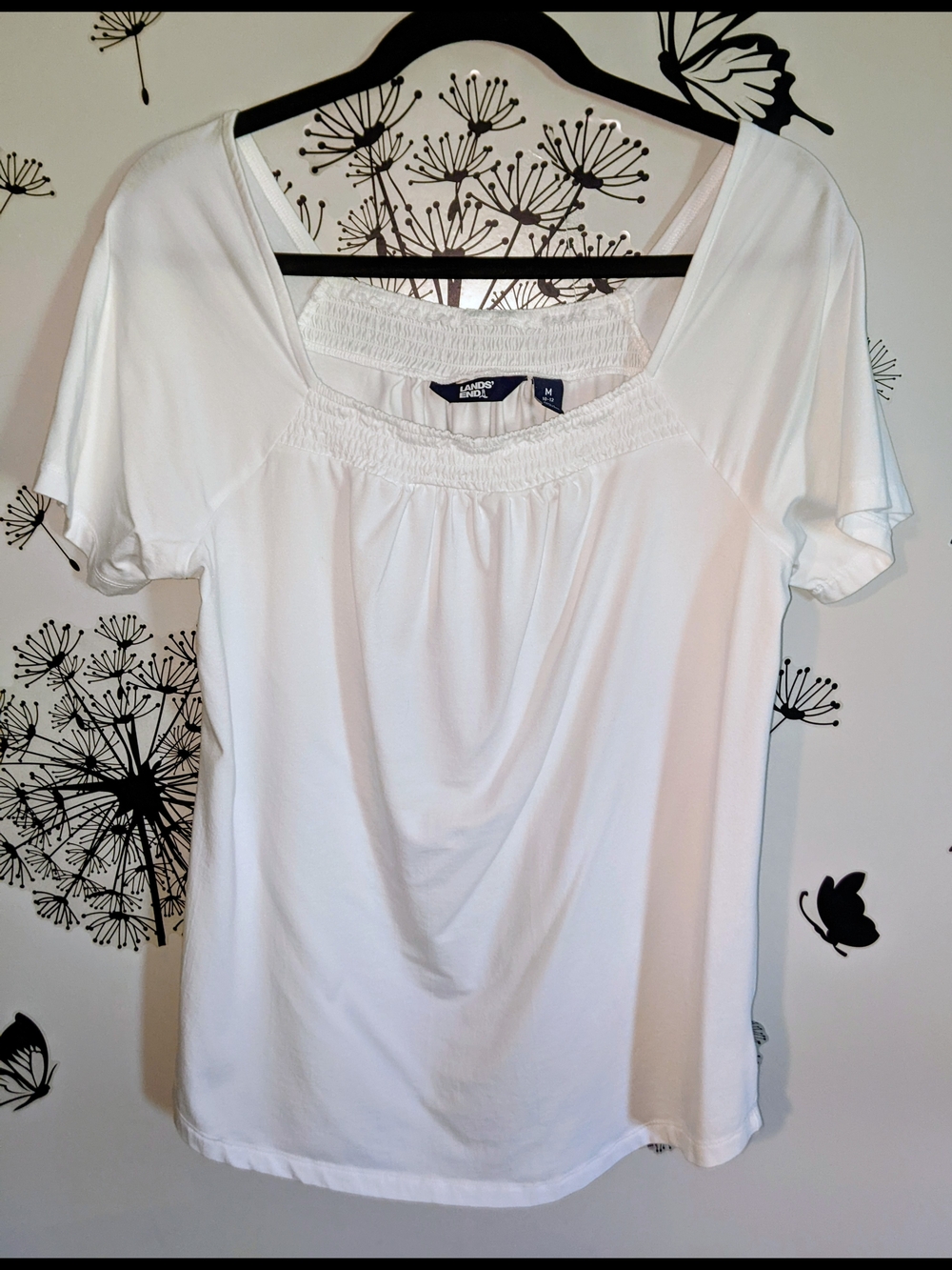 Lands' End White Short Sleeve Smocked Scoop-Neck Tee